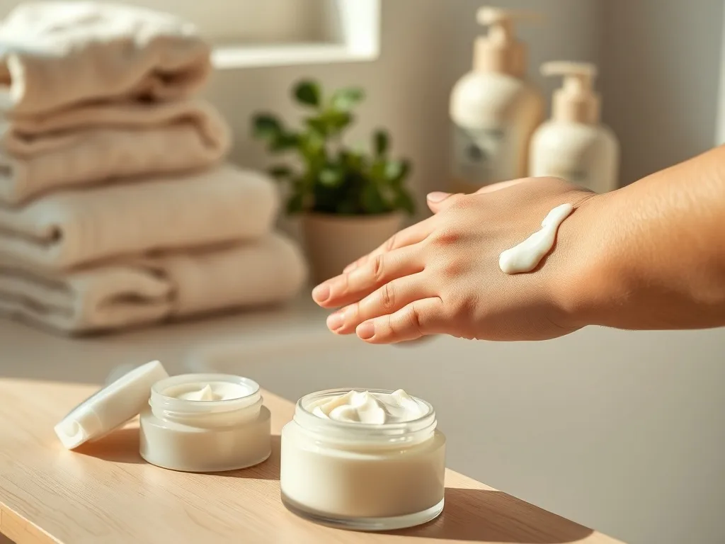 Dłoń nakłada gęsty balsam na bardzo suchą skórę przedramienia w spokojnej, minimalistycznej łazience spa.