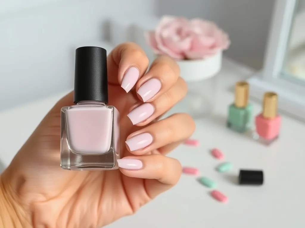 Dłoń z zadbanym manicure hybrydowym trzyma pastelowy lakier na tle minimalistycznych buteleczek innych kolorów.