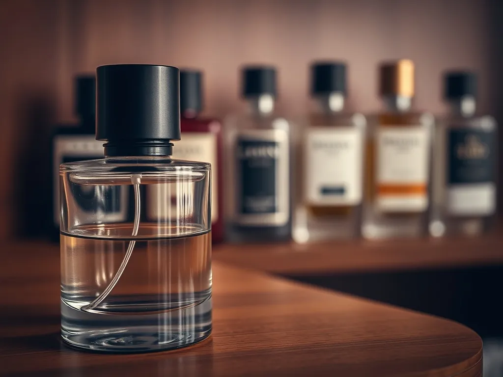 Elegancki flakon męskich perfum na drewnianej półce, na tle rozmytej kolekcji zapachów z rankingu najlepszych perfum.