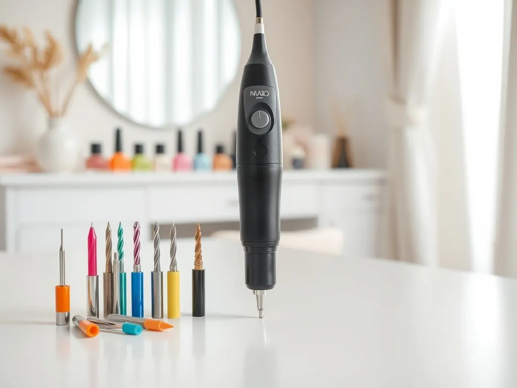 Elektryczna frezarka do paznokci z kolorowymi frezami na białym stoliku w domowym, profesjonalnym kąciku manicure.