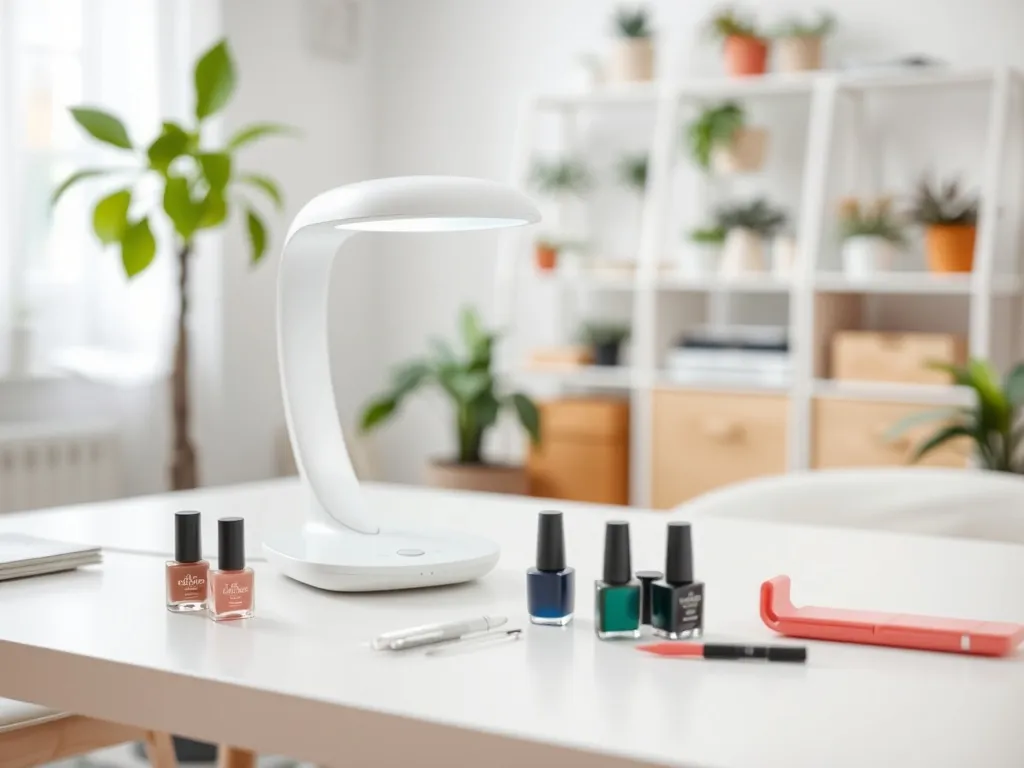 Minimalistyczna lampa do paznokci na białym stole, w otoczeniu lakierów i akcesoriów, w przytulnym kąciku beauty.