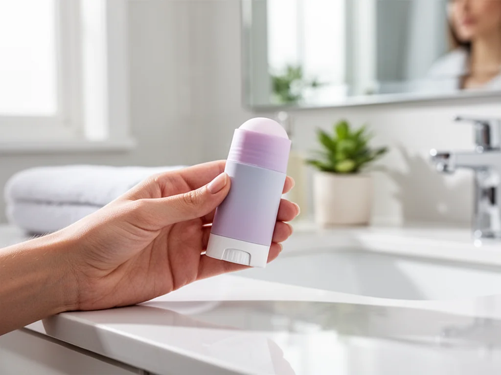 Dłoń kobiety trzyma elegancki, pastelowy antyperspirant na jasnym blacie łazienki, w tle rozmyte, czyste wnętrze