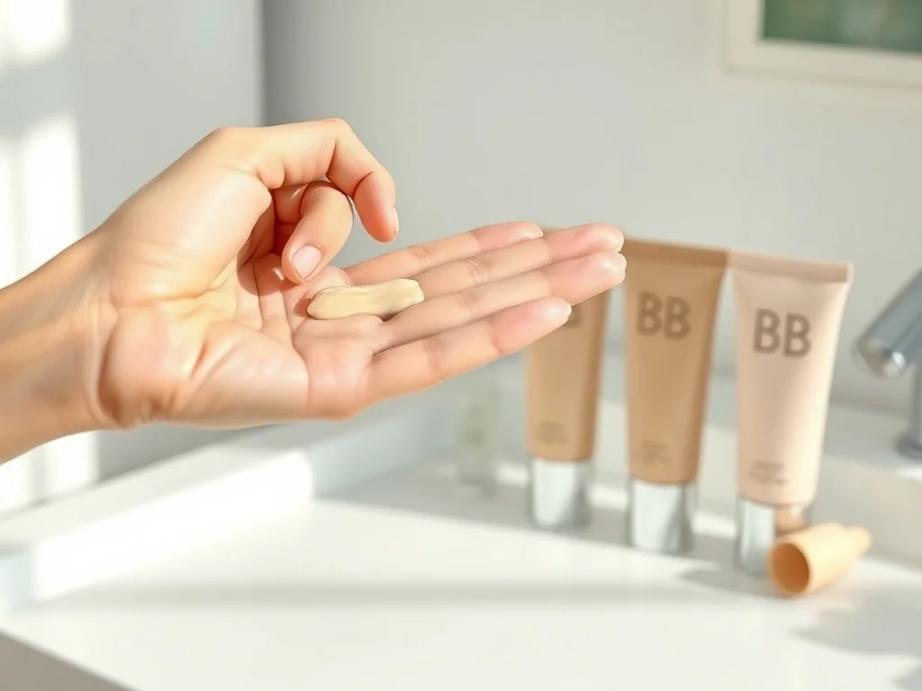 Dłoń wyciska krem BB na skórę, w tle elegancko ułożone minimalistyczne tubki różnych kremów BB.