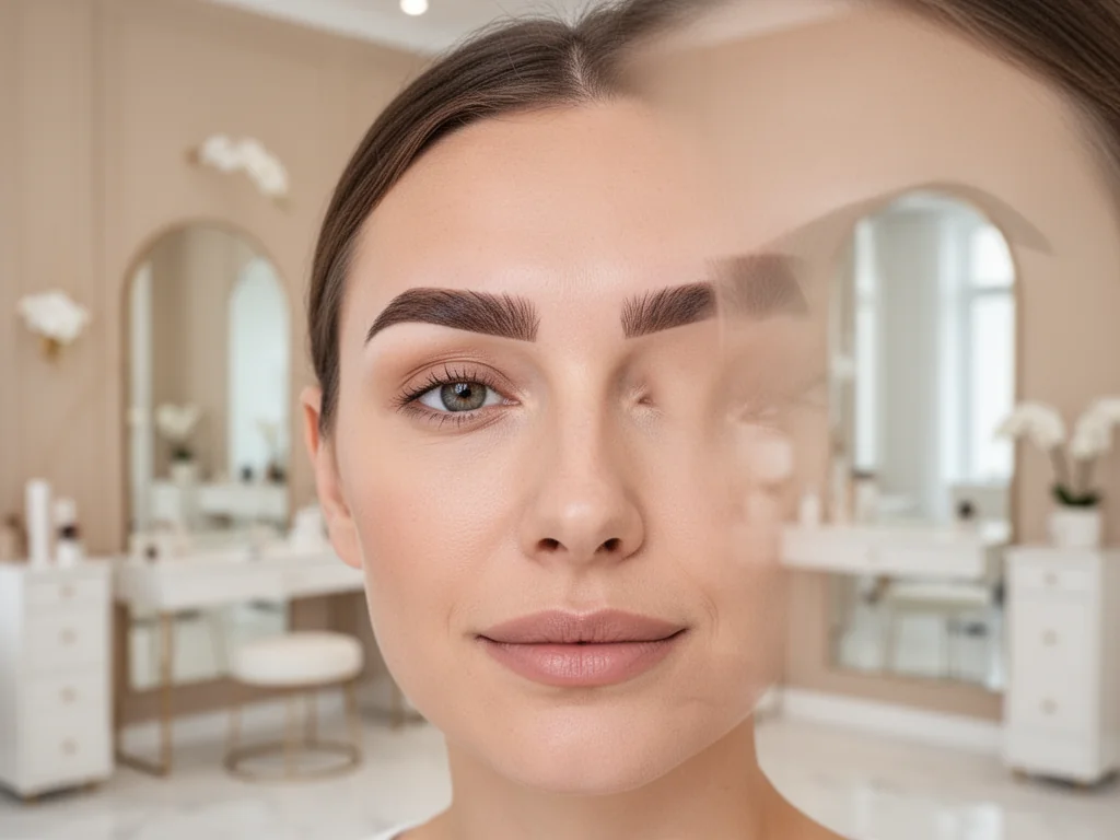 Kobieta z naturalnie wyglądającym makijażem permanentnym brwi w eleganckim, nowoczesnym salonie kosmetycznym