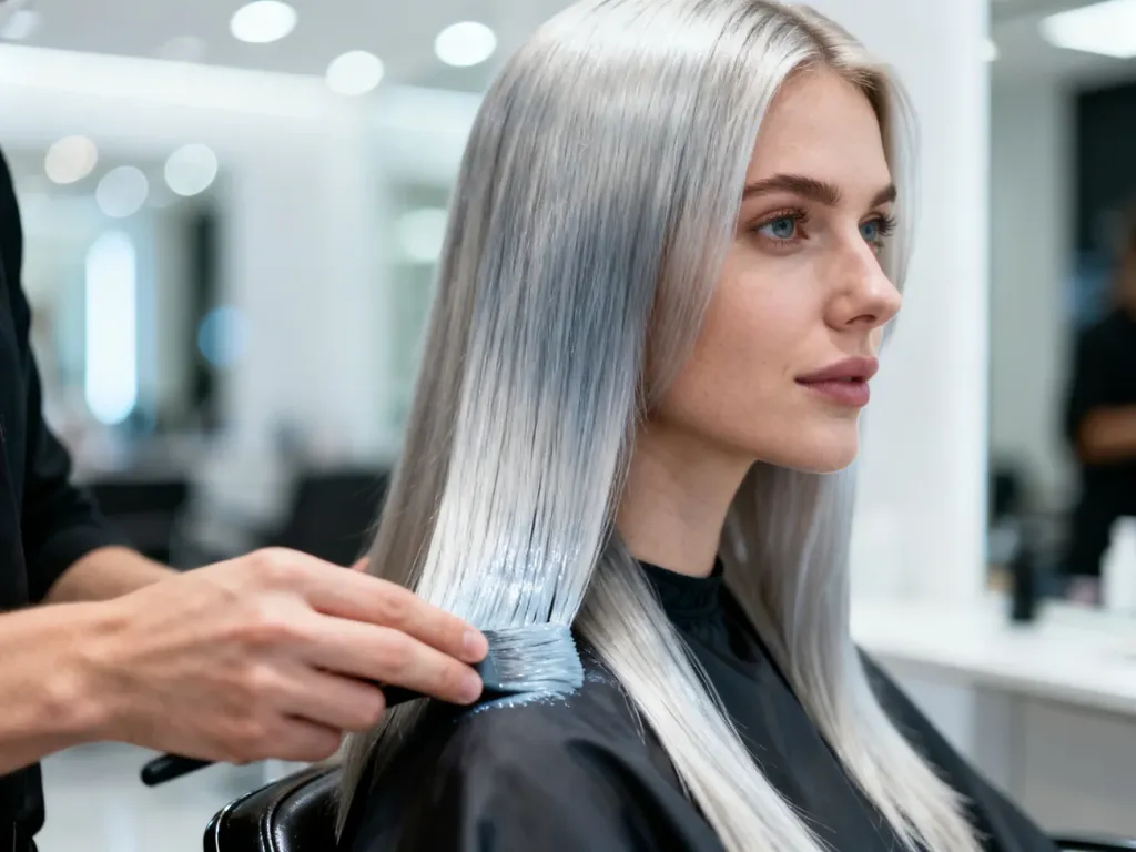 Fryzjer nakłada chłodny, popielaty toner na włosy klientki w profesjonalnym salonie fryzjerskim.