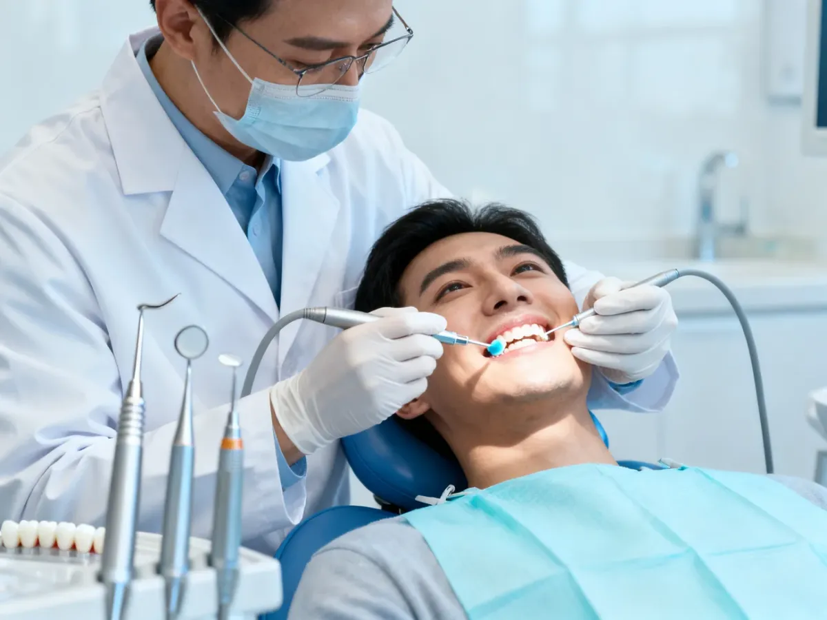 Dentysta wykonujący profesjonalne oczyszczanie zębów